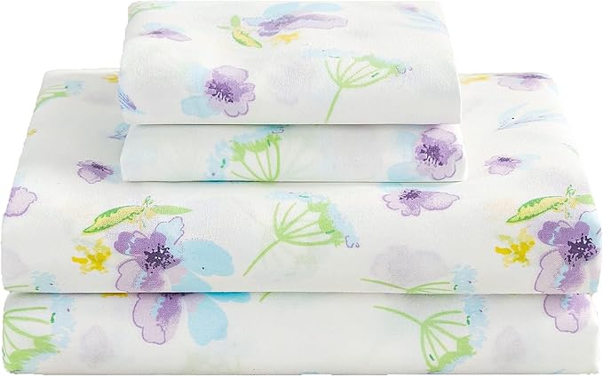 Softan Floral Queen Sheet Set Purple Flower Bed Sheets Queen Printed Sheets - 4 Piece Soft Microfiber Patterned Fitted Sheets with 15" Deep Pocket and Corner Straps, Cute Blue Flower Sheets