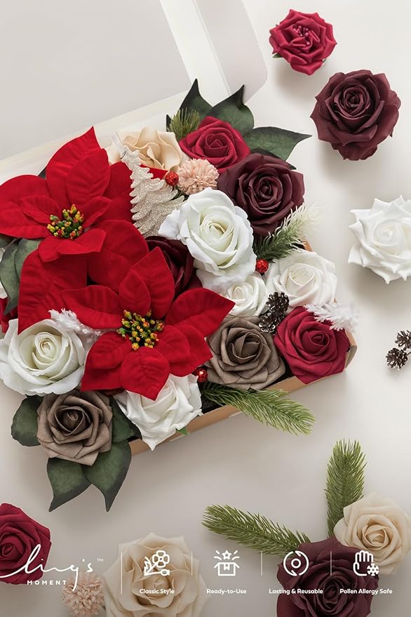 Ling's Moment Fake Flowers Box, Faux Artificial Greenery Stems Foam Roses Silk Leaves Fabic Flower for Centerpiece Bouquet Wedding Table Floral Vase Bridal Shower Party, Classic Christmas, Grand Combo