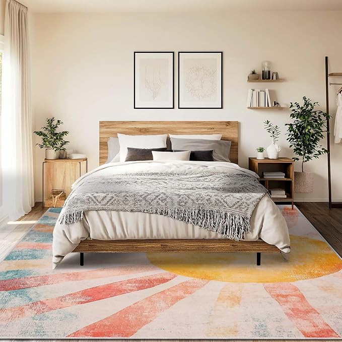 9x12 Boho Sun Area Rug Retro Orange Yellow Blue Beige Bedroom Rug Low Pile Thin Large Carpet Living Room Non Slip Dining Room Stain Resistant Office Washable Machine Classroom