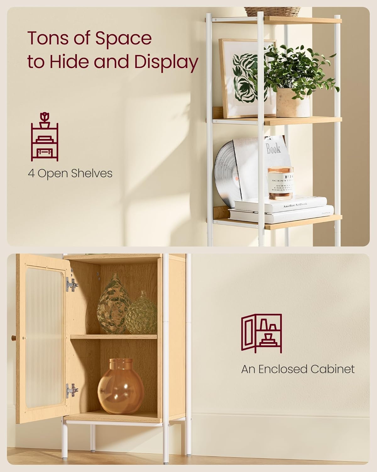 VASAGLE 6-Tier Bookcase - Slim Freestanding Storage Shelf with Adjustable PC Door | Oak Beige & Pearl White