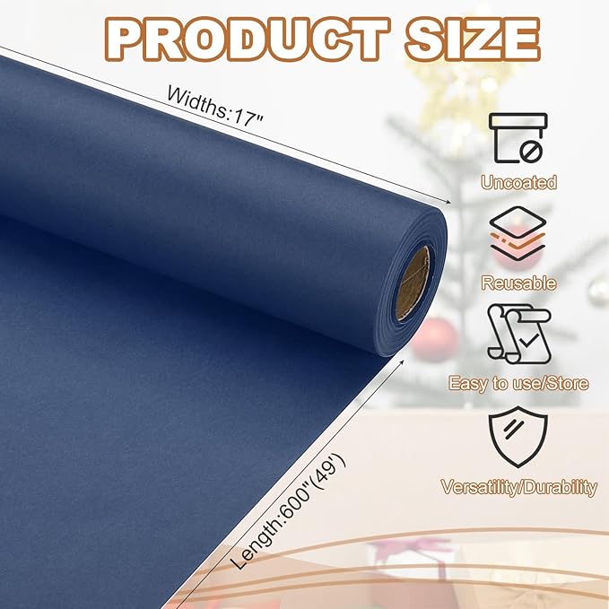 PATIKIL Wrapping Paper, 17" x 600"(49') 70 GSM Craft Paper Roll Kraft Packing Paper for Poster Bulletin Board, Gift Wrapping, Navy Blue