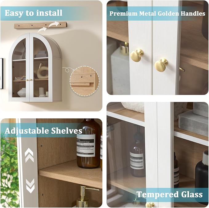 Bathroom Arched Wall Cabinet Over The Toilet Storage Cabinet, 23.6×31.4 Inch Bathroom Medicine Cabinet Wall Mount with Adjustable Shelves & Glass Door, Space Saver Wall Cabinet, White