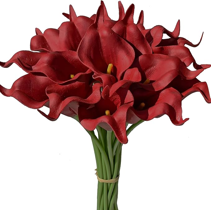 Mandy's PU Burgundy Calla Lily Artificial Flowers 20 Stems 13.5in Faux Realistic Centerpiece for Thanksgiving and Christmas Decorations DIY Bridal Bouquet Home Décor