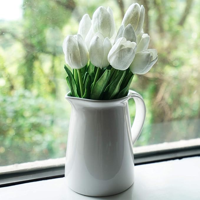 FiveSeasonStuff Real Touch Tulips Artificial Flowers – 15 Stems Faux Tulip Bouquet in Gift Box for Wedding, Home Decor, Party, Floral Arrangements (Cheerful White)