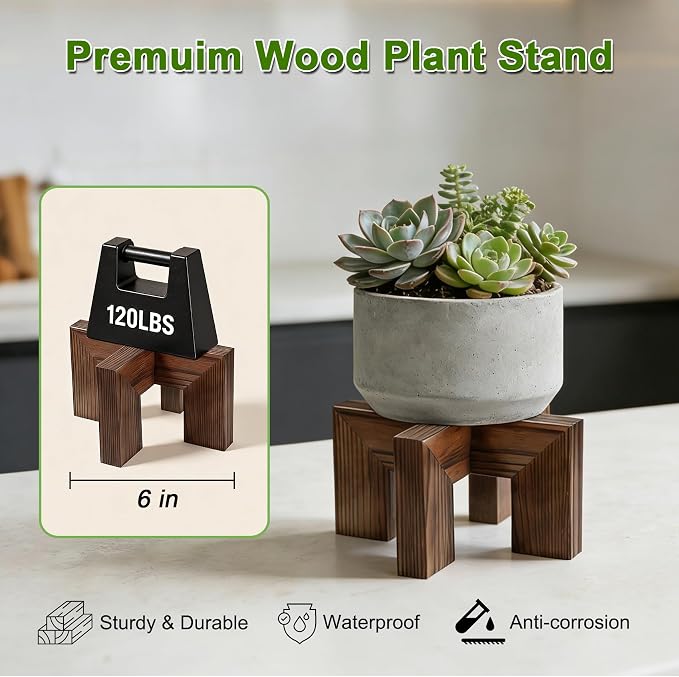 Wood Plant Stand Indoor Outdoor, Mid Century Modern Planter Holder, Sturdy Plant Pot Stand, Single Floor Flower Pot Holder (Walnut, Fit 2.5-6 Inch Pots)