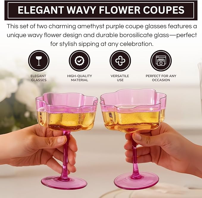 Khen Flower Vintage Wavy Glass Coupes Martini, Champagne & Cocktail Coupes - Set of 2-7oz Colorful Cocktail Glasses & Champagne, Prosecco, Mimosa Glassware Copyright Design - Amethyst Purple