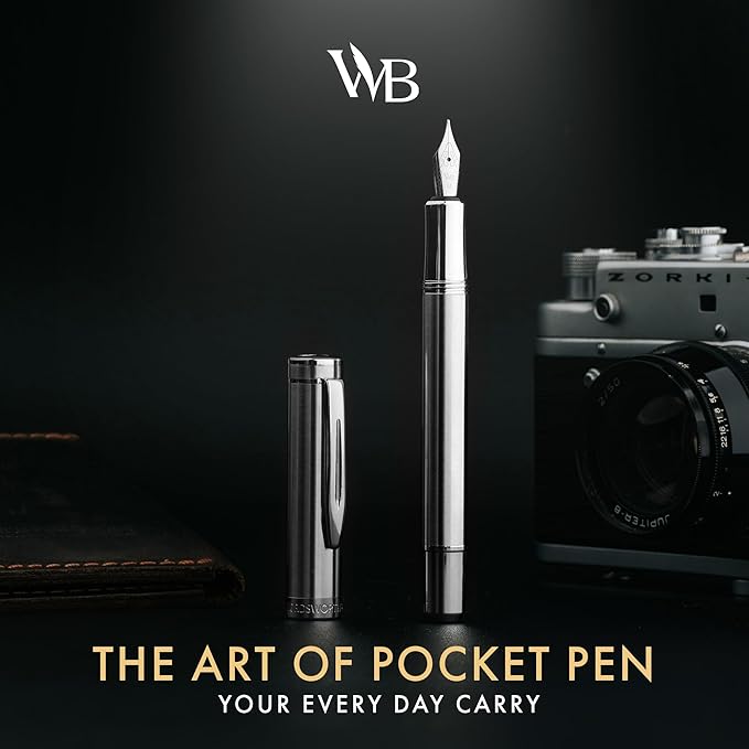 Wordsworth and Black Fountain Pen Mini EDC: Luxury Silver Heavy Pocket Pen, Chrome Finish, Medium Nib, 6 Ink Cartridges, Ink Converter, Travel Refillable Writing Pen Gift Set, Men & Women