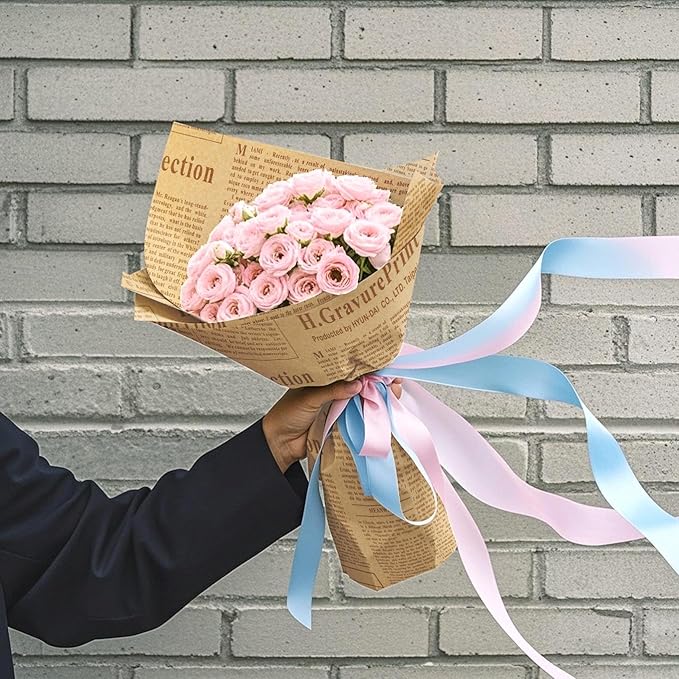 WRAPAHOLIC 20 Sheets Kraft Flower Wrapping Paper - 19.6 x 27.5 inch Retro Coffee Lettering Floral Bouquet Wrapping, Florist Supplies Packaging Paper for Wedding Birthday Gift DIY
