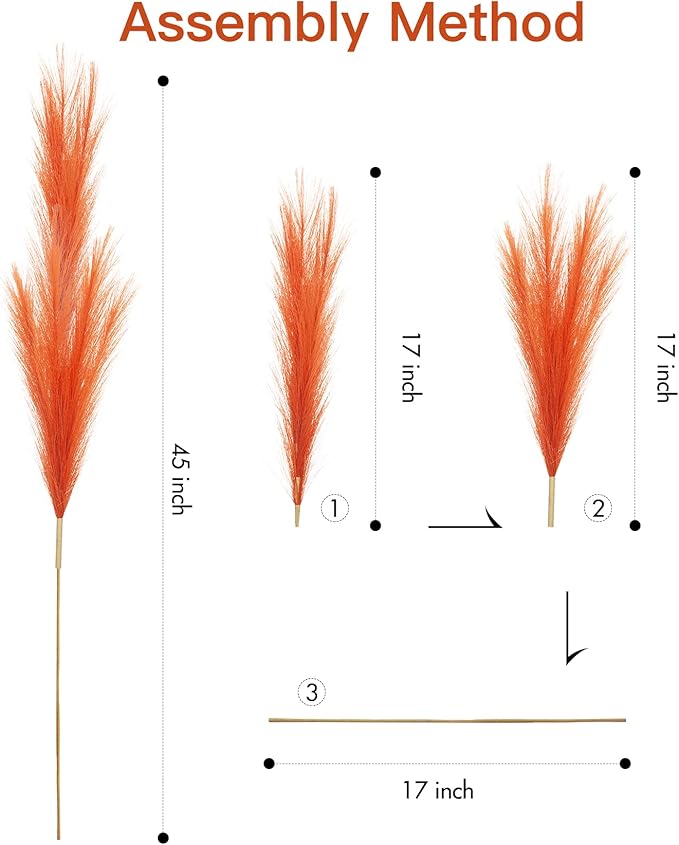 9 Pcs 45" Tall Pampas Grass Orange Decor, Long Stem Artificial Flower Floor Vase Large Faux Floral Pompas Fake Plants Dried Bouquet Arrangement Vase Filler for Boho Home Wedding Decoration