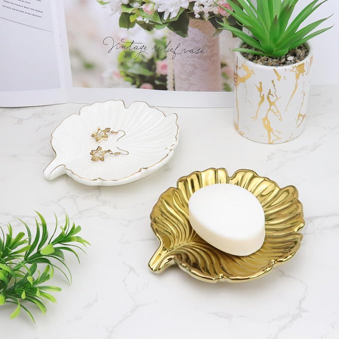 Gold Leaf Bathroom Soap Dish,Ceramic Soap Dish Holder in Palm Leaf Style,Self Draining Design and Used to Hold Various Small Bathroom and Kitchen Accessories