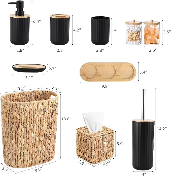 Bathroom Accessory Set, 10 Pieces Bath Set- Wicker Trash Can Tissue Box Soap Dish Toothbrush Holder Rinse Cup Lotion Bottle Toilet Brush Qtip Holder - Practical Bathroom Decor Sets (Rattan Black)