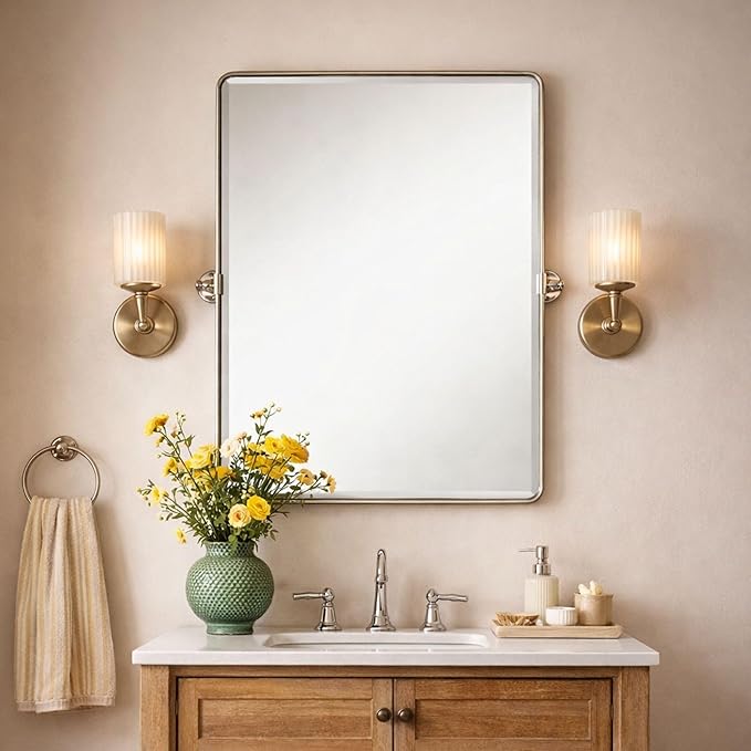 Farmhouse Pivot Rectangle Bathroom Mirror Brushed Nickel Metal Framed Tilting Beveled Vanity Mirrors for Wall, Overall 27.91x 30 inches (Mirrror 24 x 30 inches)