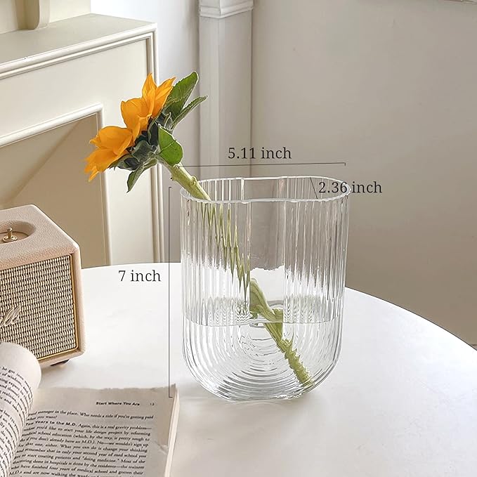 Clear Ribbed Glass Flower Vase, 7" H Modern Small Vase, Ellipse U Shaped Fluted Striped Decorative Vase, Fit for Home Living Room Table Decor (Open:5.11" x 2.36")