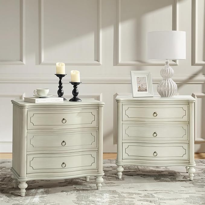 HULALA HOME Traditional Side Tables with 3 Drawers, Tall Side Table with Curved Front Profle Desgin, Charging Station, Solid Wood Legs, Set of 2, White