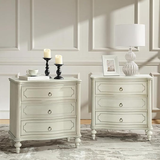 HULALA HOME Traditional Side Tables with 3 Drawers, Tall Side Table with Curved Front Profle Desgin, Charging Station, Solid Wood Legs, Set of 2, White