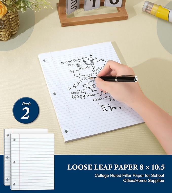 PINJINGPRO Loose Leaf Paper, Notebook Paper, 8 x 10.5 College Ruled Paper, 3 Hole Punch Binder Paper, Lined Paper for 3 Ring Binders, College Ruled Paper, 100 Sheets/Pack Filler Paper (2 Pack)