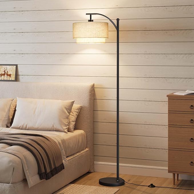 SUNMORY Floor Lamps for Living Room with 12W LED Bulb, Arc Floor Lamp with 3 Color Temperatures, Modern Floor Lamps with Adjustable Double Fabric Shades, Tall Standing Lamp for Bedroom, Corner