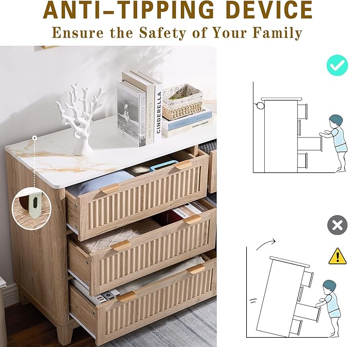 6 Drawers Dresser for Bedroom, 54" Large Storage Dresser, Farmhouse Wood Dressers with Faux Marble Top, Modern Dressers & Chests of Drawers for Living Room Entryway, Fluted Curved Profile, Natural Oak