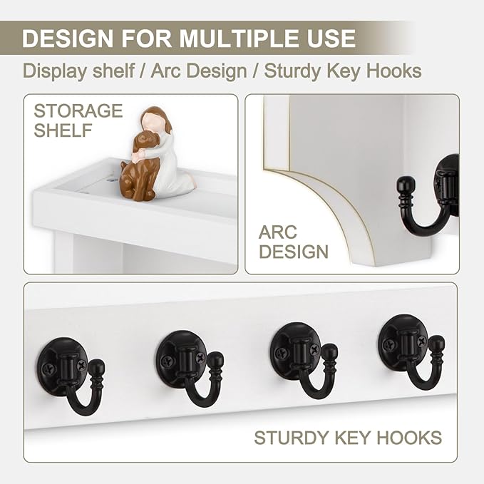 Lucundm Key and Mail Holder Wall Mount, Key Holder with Shelf and Mail Organizer Wall Mount. Mail Holder with 5 Hooks for Coat, Dog Leash, Home Decor Rack, Entry Way Organizer (White)