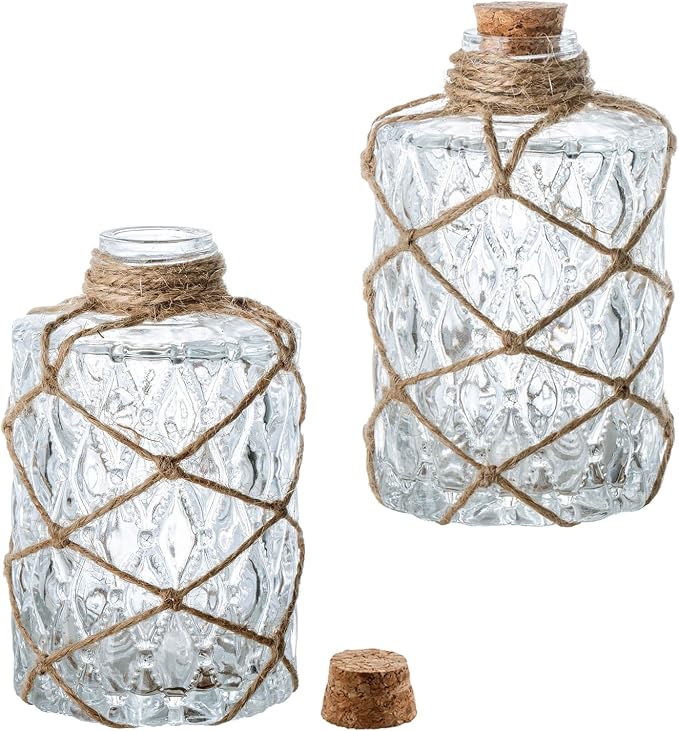 MyGift Set of 2 Rustic Embossed Glass Bud Vases with Cork Lids and Hand-Woven Hemp Rope – Apothecary Style Decorative Bottles for Farmhouse, Vintage, or Boho Home Decor