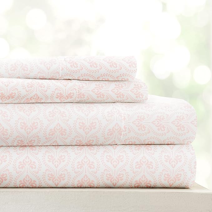 Linen Market Double-Brushed Patterned Microfiber California King Sheet Set 4 Piece – Oeko-TEX Certified Ultra Soft & Wrinkle-Free - 16" Deep Pocket Sheets Easy Care Cal-King Size - Classic in Pink