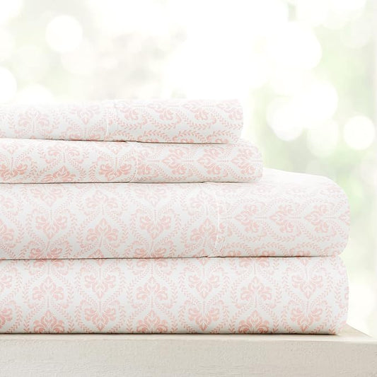 Linen Market Patterned Microfiber Full Sheet Set 4 Piece – Oeko-TEX Certified Ultra Soft & Wrinkle-Free - 16" Deep Pocket Sheets - Easy Care Full Size - Classic in Pink