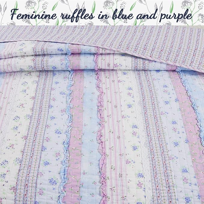 Cozy Line Home Fashions Shabby Chic Romantic Lace Purple Blue Floral Cotton Bedding Quilt Set, Reversible Coverlet, Bedspread (Lavender, King-4 Piece: 1 Quilt+2 King Shams+1 Decor Pillow)