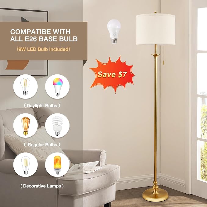 60" Gold Floor Lamp, Standing Lamp for Living Room, Bedroom, Office & Dining Room - Tall Corner Floor Lamps with Pull Chain Switch, Soft Lighting Farmhouse Design - Modern Floor Lamp (Bulb Included)
