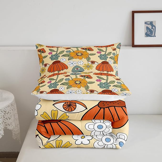 Castle Fairy Retro Flowers Comforter Set Full Size,70s Floral Mushroom Bedding Comforters Room Decor,Art Hippie Plant Eye Print Quilt Set with 2 Pillowcases,Teens Present