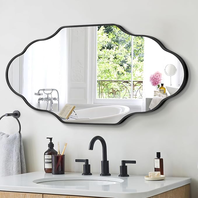 Scalloped Mirror for Bathroom - 26"x46" Black Bathroom Mirror with Aviation Aluminum Alloy Frame & Shatter-Proof Glass for Living Room Bedroom Entryway, Brushed Black Frame(x1)