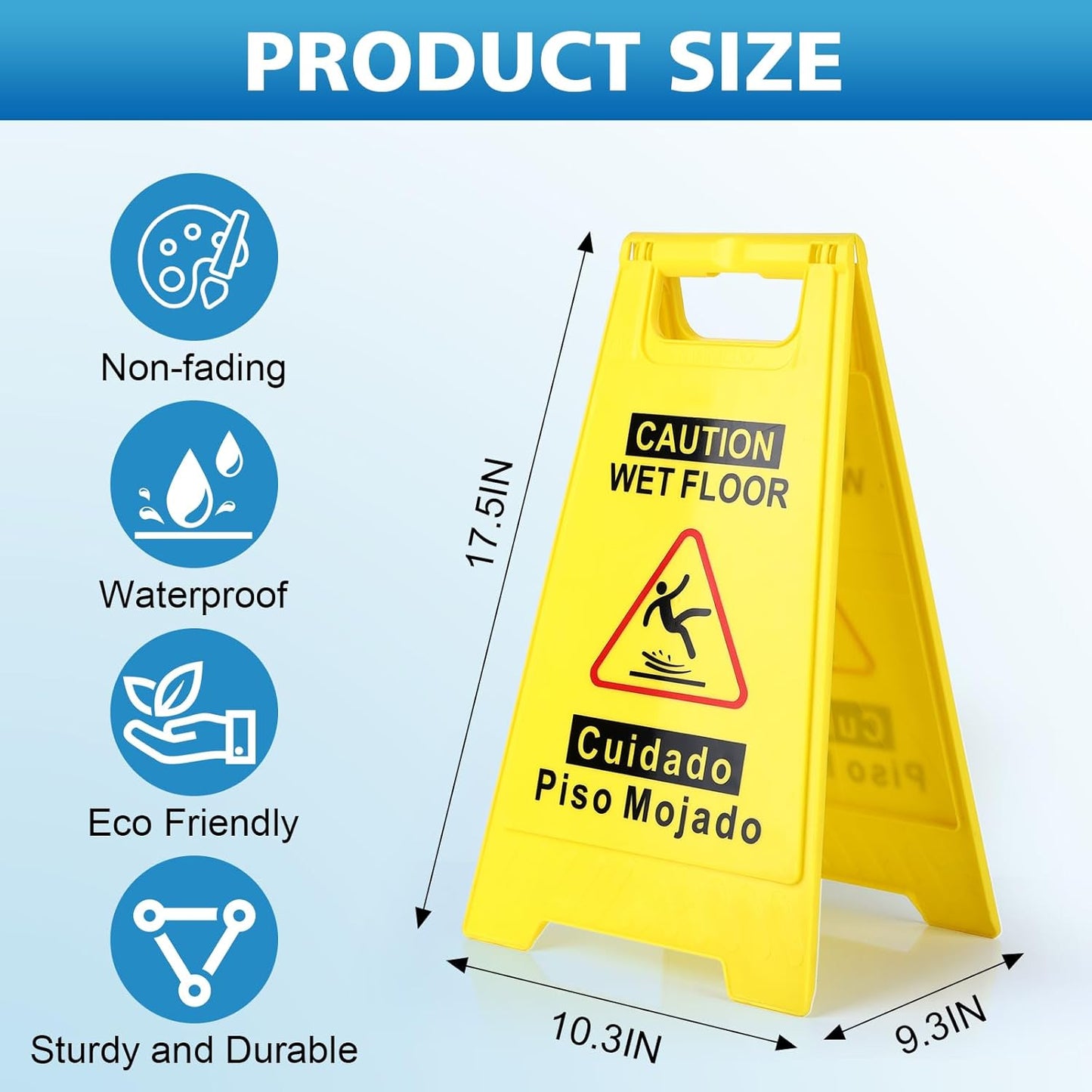 WOUSEDO Caution Wet Floor Sign - Bright Yellow Double-Sided A-Frame | 17.5" Height, Bilingual Message