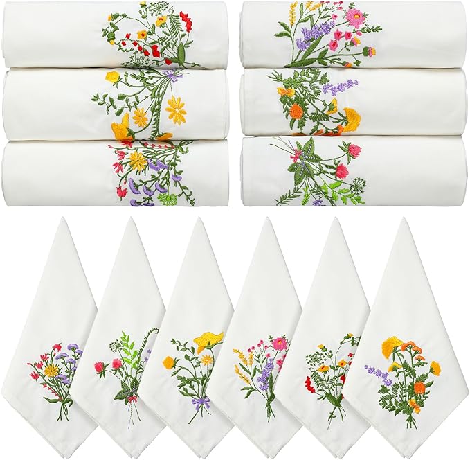 Tioncy 12 Pcs Christmas Floral Cloth Napkins Decorations Bulk Embroidered Wildflower Dinner Napkins Tea Cocktail Party Gifts Xmas Stocking Stuffers for Holiday Table Decor (White)