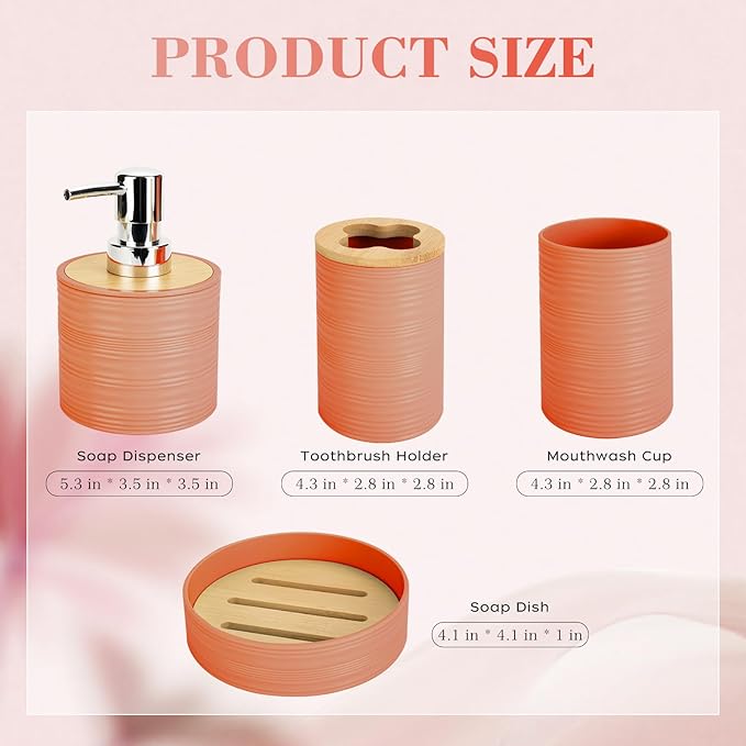 4 PCS Orange Bathroom Accessories Set, Includes a Soap Dispenser, Toothbrush Holder, Soap Dish and Mouthwash Cup, Plastics & Bamboo Bathroom Set, Bohemian Style Bathroom Sink Set