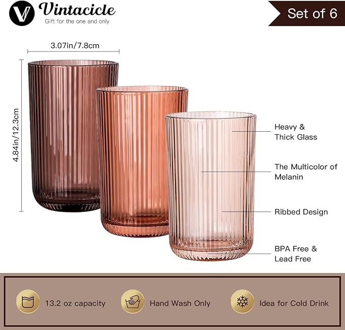 Melanin Colored Ribbed Highball Glasses Set of 6, 13.2oz Vintage Melanin Colored Glassware, Drinking Glasses for Water, Juice, Iced Coffee, Cocktails, Ribbed Glass Cups, Housewarming Christmas Gift
