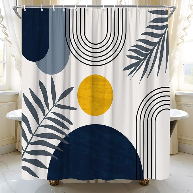Mid Century Modern Shower Curtain Boho Navy Blue Abstract Retro Aesthetic Fabric for Bathroom Decor Bathtub with Hooks (59" WX70 H)
