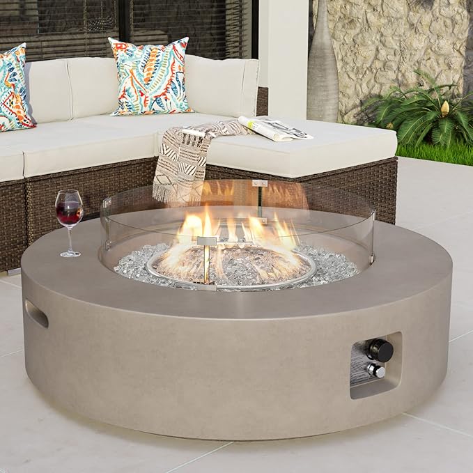 COSIEST Outdoor Propane Fire Pit Coffee Table w Gray 42 inch Round Base Patio Heater, Certified, 50,000 BTU Stainless Steel Burner, Wind Guard, Transparent Gray Fire Glass, Rain Cover