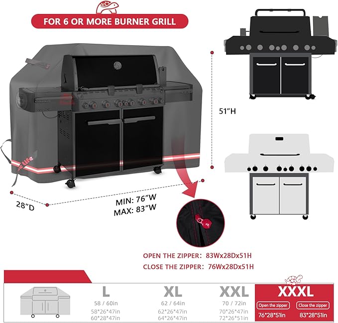 Turtle Life BBQ Grill Cover, 76-83 Inch Adjustable Heavy Duty Waterproof 6 or More Burner Barbecue Gas Grill Covers for Weber Summit Series Royal Gourmet MG Series, Black