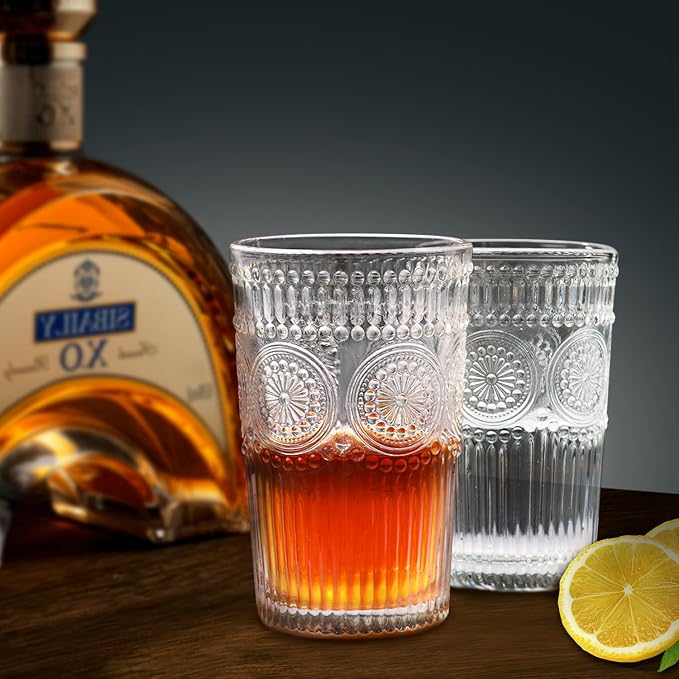 Loivttvv 6pcs Vintage Drinking Glasses Set, 12 oz Clear Highball Glasses, Embossed Ribbed Glassware Cups for Cocktail, Water, Juice, Coffee, Whiskey
