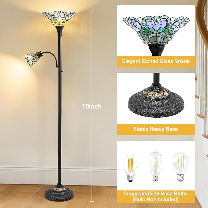 Luvkczc Tiffany Floor Lamp, Stained Glass Lamp Victorian Style with Adjustable Gooseneck Reading Lamp – 70" Tall Torchiere Floor Lamps for Living Room