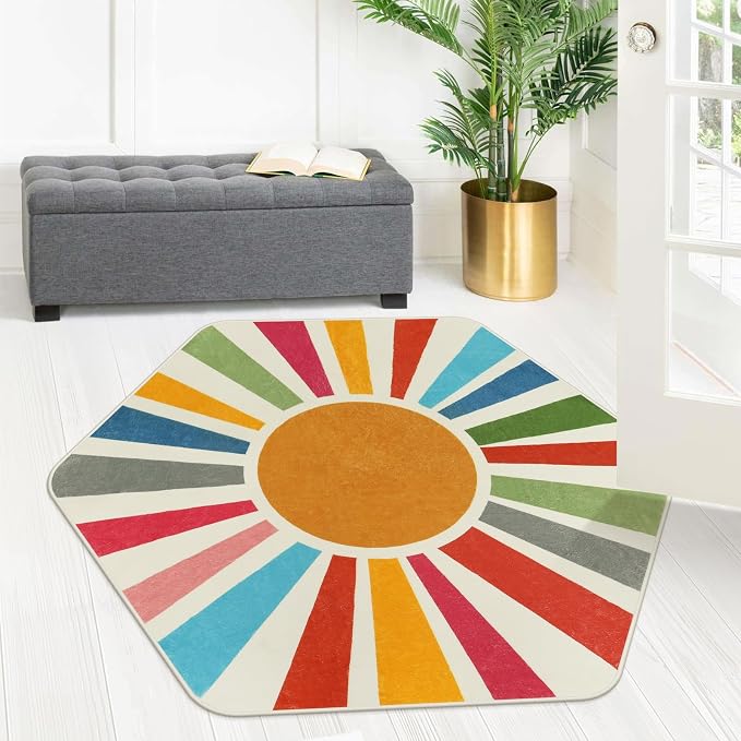 STARUIA Rainbow Machine Washable Rug for Playroom Kids Room, 4'x 4'7" Boho Sun for Girls Boys, Non-Slip Sunshine Carpet Small Play for Classroom Reading Corner Dorm