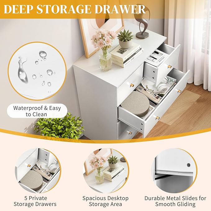 Karl home White 5 Drawer Dresser for Bedroom, Tall Dresser Chest of Drawers, Rustic Wood Bedroom Dressers Clothes Organizer, Anti-Tipping Device, Rose Gold Metal Handle, Living Room, Entryway, Office