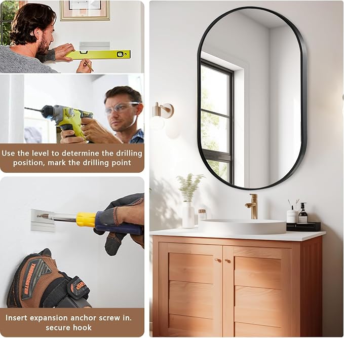 Black Oval Mirror, 24"x36" Oval Bathroom Mirror, Vanity Mirror with Brushed Metal Frame, Wall Mount Mirrors Decor for Bathroom, Bedroom, Entryway, Living Room(Hangs Horizontally or Vertically)