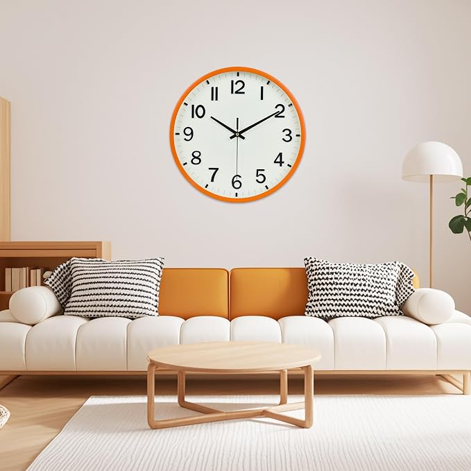 Wall Clock 10 Inch Silent Non-Ticking Modern Clocks Battery Operated Beige OrangeAnalog Wall Clock Classic for Office, Home, Bathroom, Kitchen, Bedroom, School, Living Room(Beige and Orange)