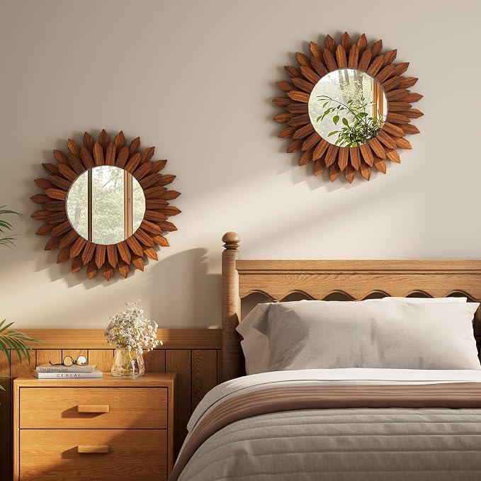 Boho Wood Sunburst Round Wall Mirror, 20 Inch Rustic Circle Wooden Frame Decorative Mirror for Farmhouse Coastal Home, Home Wall Decor for Living Room Entryway Bedroom, Walnut