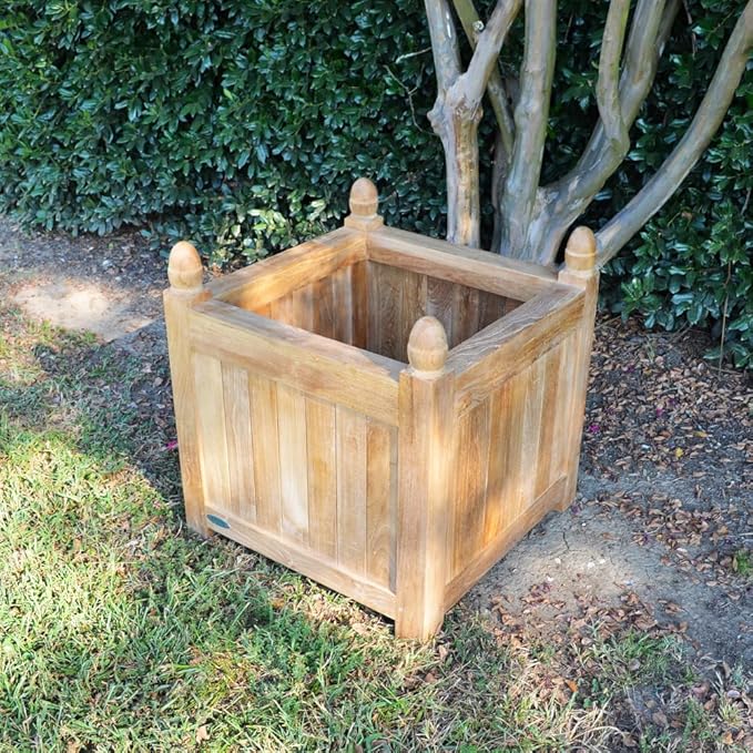 Ash & Ember Grade A Teak 25in Square Planter Box, Indoor Outdoor Large Cubed Flower Box, Weather Resistant Backyard Decor