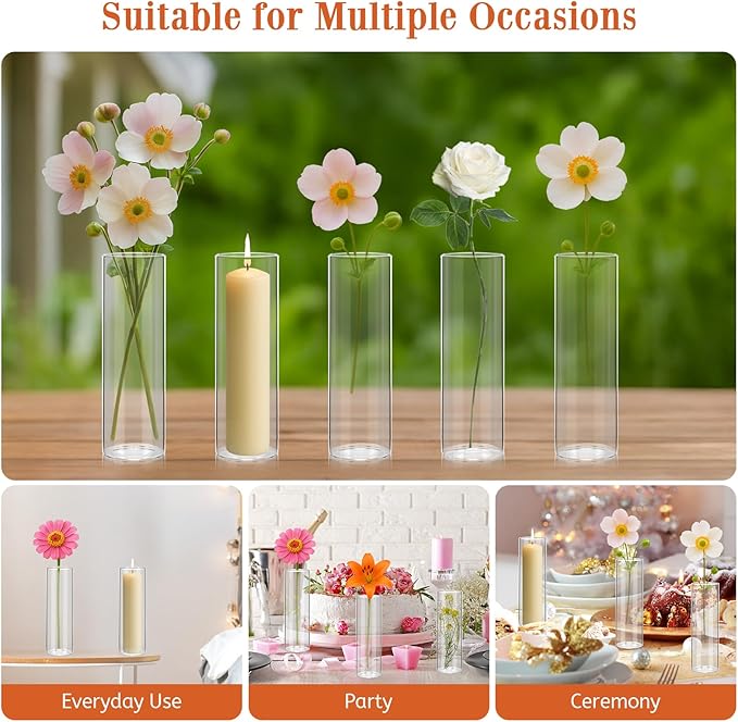 20 Pack 5.9" Tall x 1.8" Diameter Clear Glass Cylinder Vases - Multi-Use Flower Vase, Hurricane & Floating Candle Holders for Wedding Centerpieces, Home Decor, Table Displays (20)