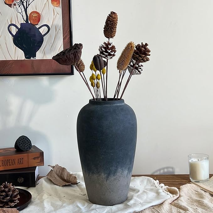 12 Inch Rustic Ceramic Vase, Black Flower Vases for Centerpieces, Farmhouse Decor for Living Room, Entryway & Kitchen, Vintage Pottery Vase for Wedding Gifts