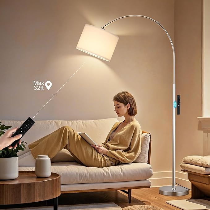Ambimall Dimmable Arc Floor Lamp with Remote, Color Temperatures and Brightness Adjustable, Arched Floor Lamp with Rotating Head, Over Couch Arched Reading Light for Living Room (White and Silver)