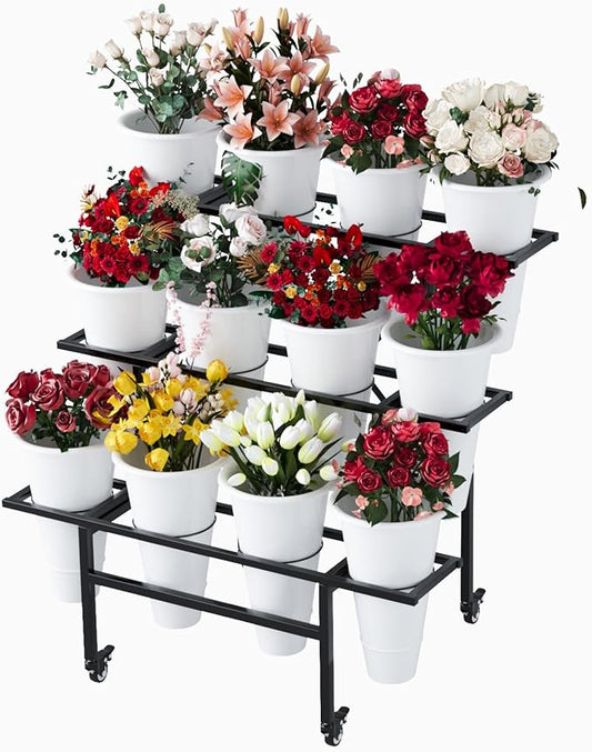 Zhongma Flower Display Stand with 12pcs White Plastic Buckets for Fresh Flowers Heavy Duty Garden Cart Moving Flower Bucket Stand with Wheels.