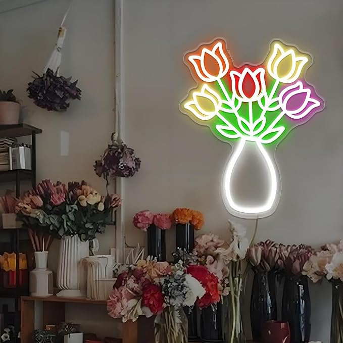 Tulips Bouquets Vases LED Neon Sign - Dimmable, Ideal Flower Neon Sign & Neon Signs for Wall Decor, Perfect for Spring-Themed Bedrooms, Floral Studios, Season Enthusiasts' Spaces, Great Gift for Flower & Spring Lovers